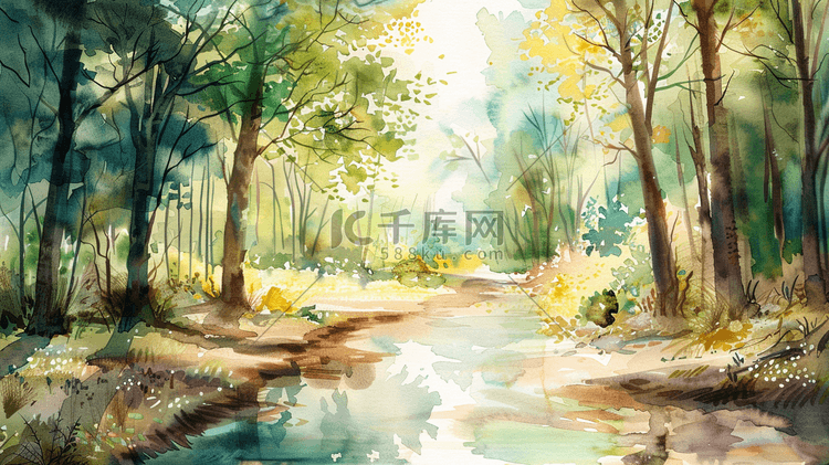 彩色水彩绘画户外森林树木风景的插画