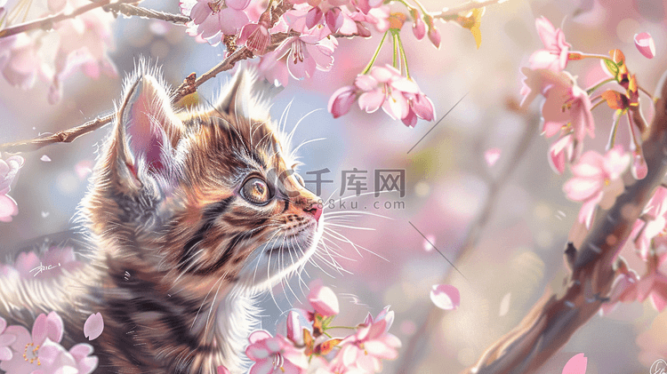 唯美粉色花瓣花朵场景下猫咪的插画