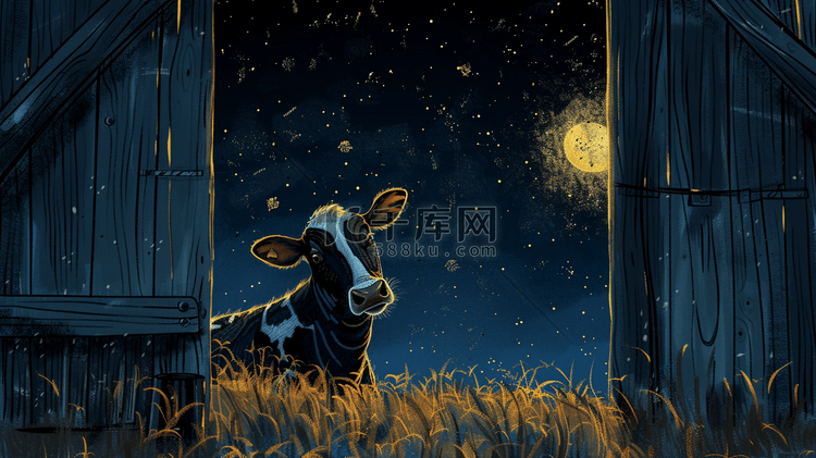 深蓝色星空户外木质草原奶牛的插画