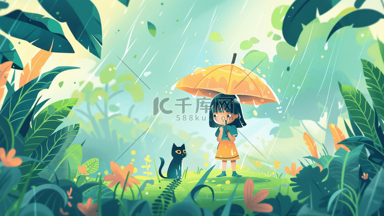 彩色手绘绘画森林里下雨女孩打伞的插画