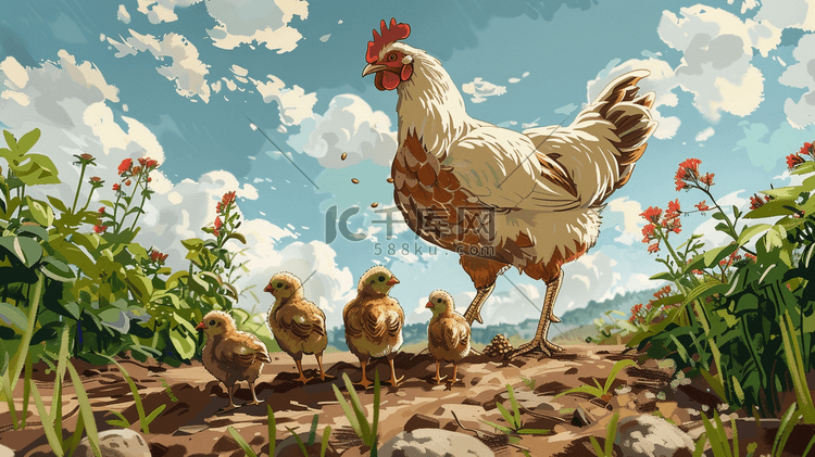 母鸡妈妈和一群小鸡插画