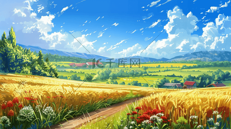 麦香四溢的乡村风景插画