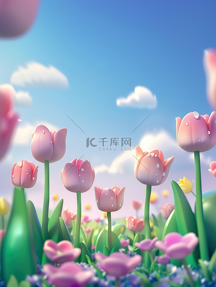 3D卡通春季景观郁金香插图