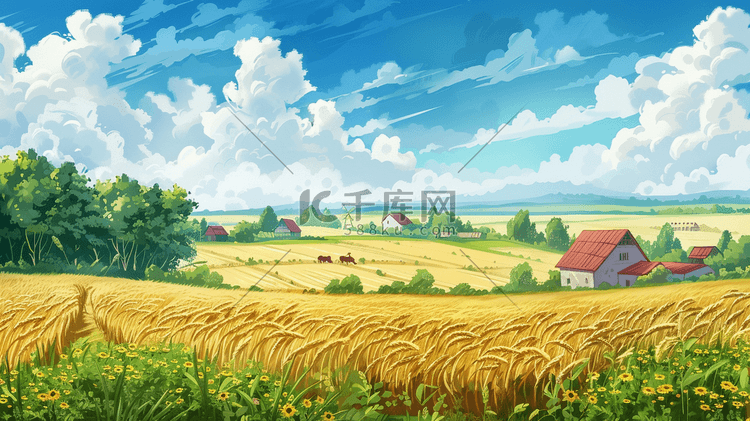 麦香四溢的乡村风景插画