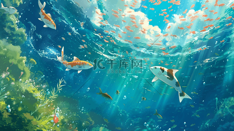 蓝色手绘大海深海鱼类生物的插画