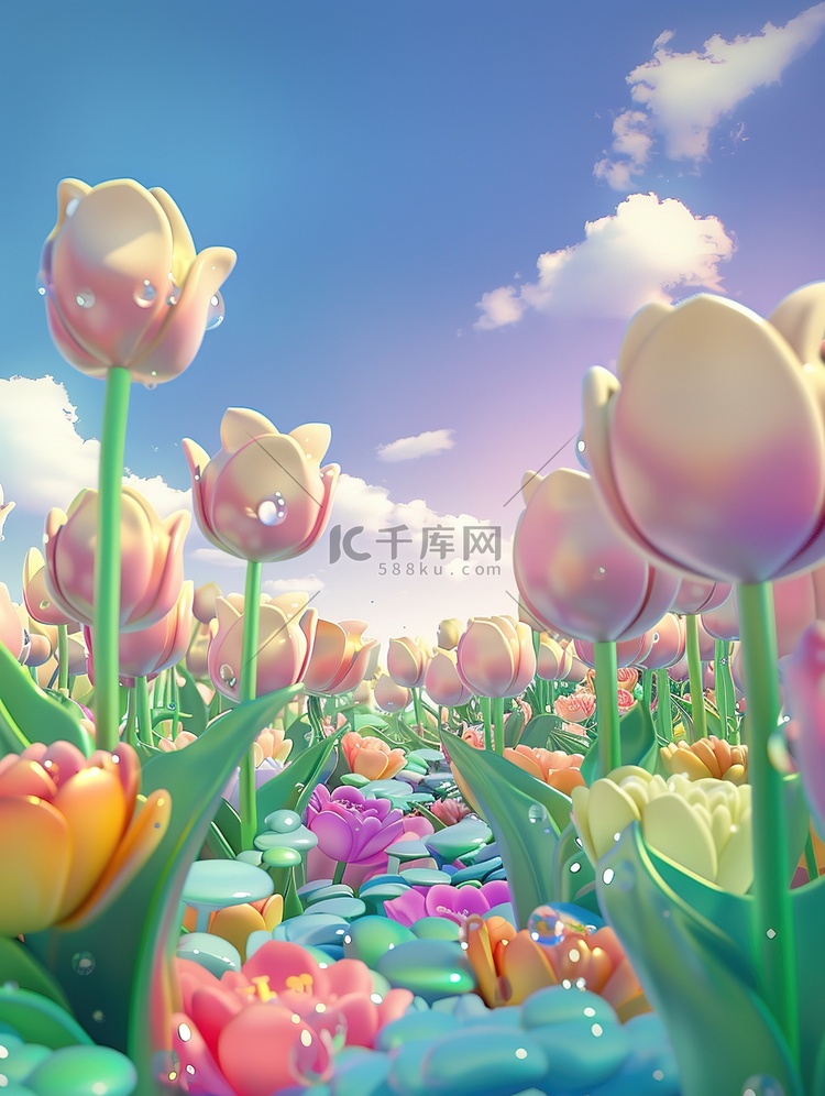 3D卡通春季景观郁金香插画设计