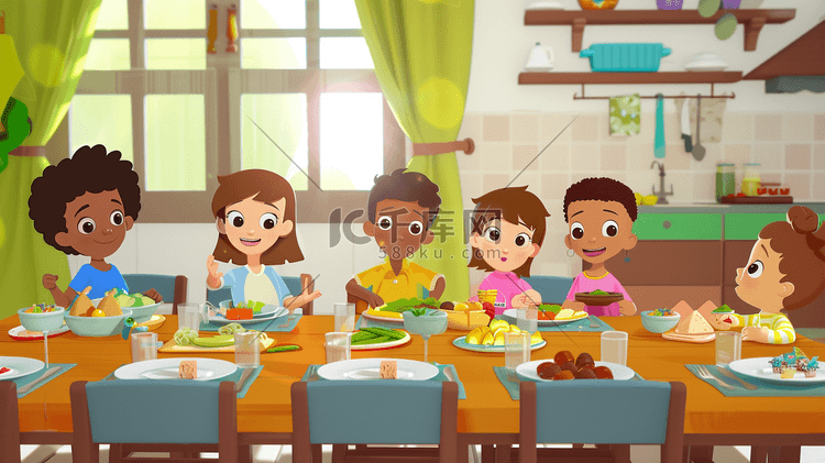 彩色手绘绘画卡通儿童餐桌吃饭的插画