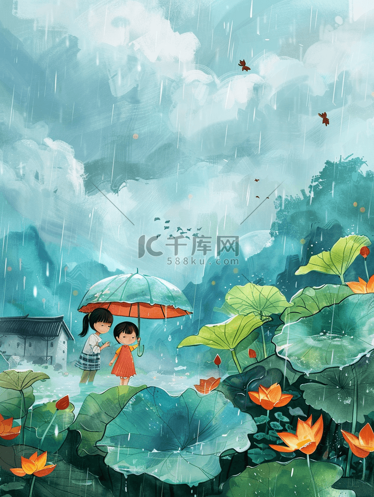 春天手绘风景荷花雨天插画海报