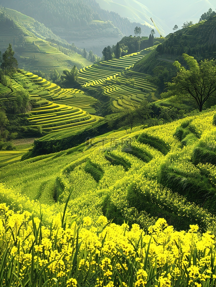 稻田农村的黄色花朵和绿色田野插画