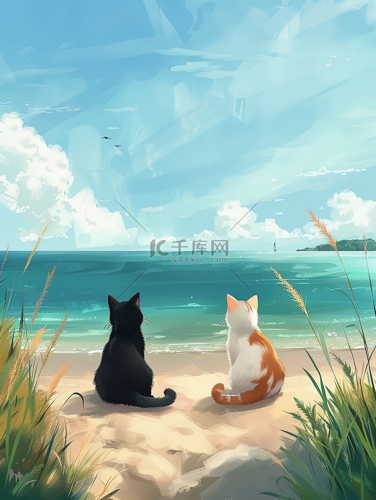 两只猫坐在沙滩看着大海图片