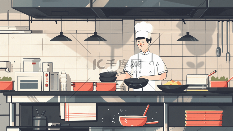 手绘绘画男士厨房厨师做饭的插画