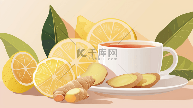 黄色场景桌面柠檬姜茶的插画