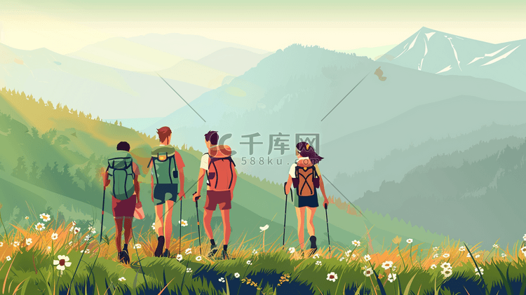 绘画登山人员徒步旅行登山的插画