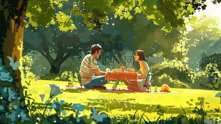 夏天户外公园森林里一家人野餐的插画