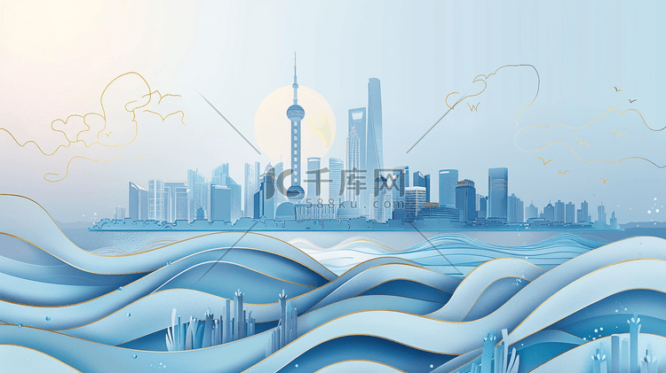 剪纸风江波和河对面的城市建筑插画