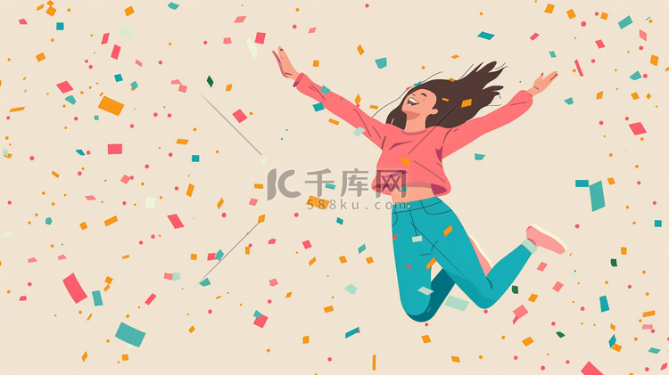 一个女人跳跃彩纸中庆祝插画