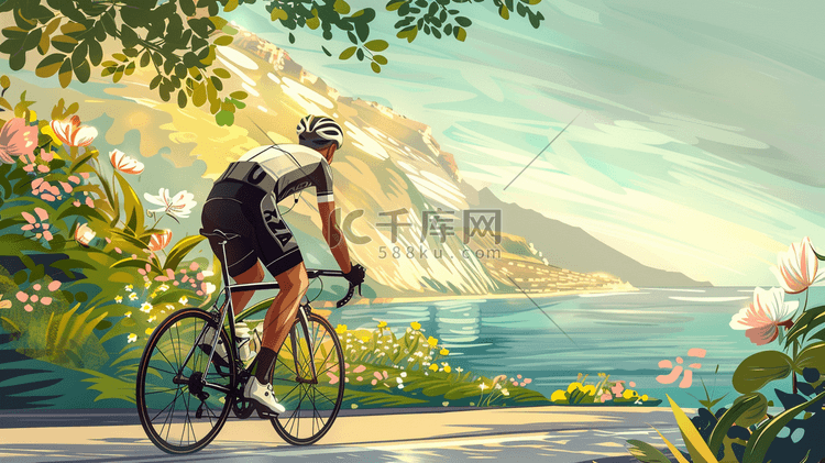 海边公路上骑自行车的运动员插画