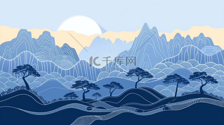 丛山山林日落中国山水插画