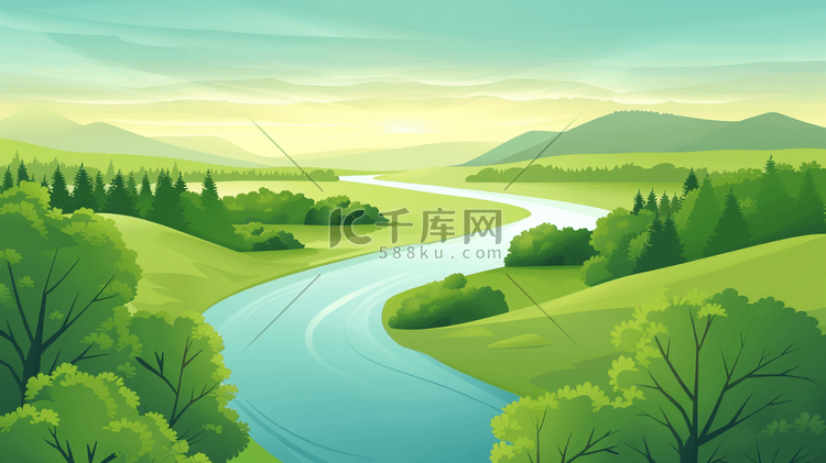 绿色田野河流风景插画