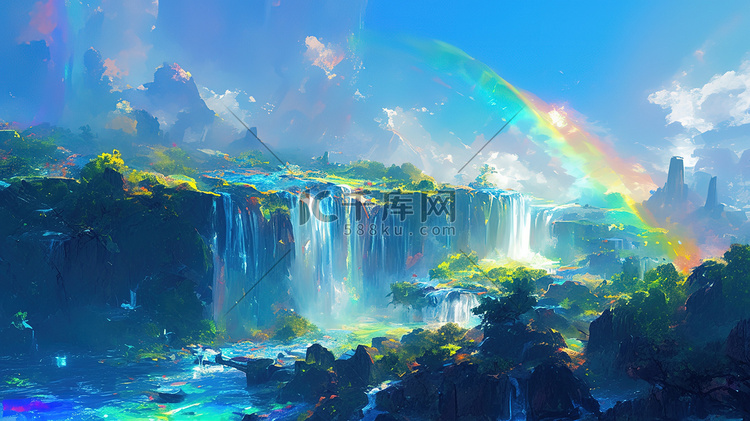 郊外美丽的彩虹瀑布插画图片