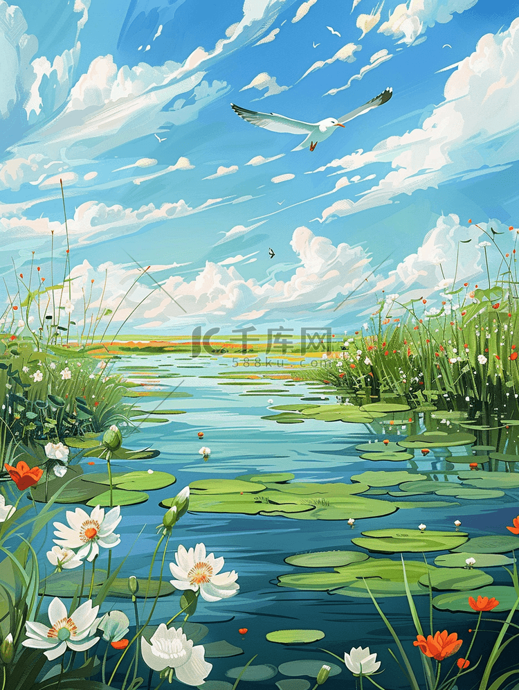 夏季荷花池塘荷叶手绘海报插画图片