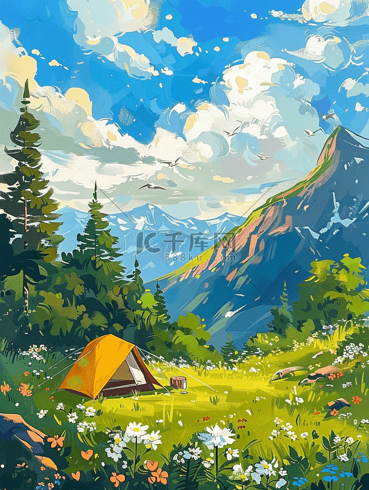夏天露营帐篷花朵草地手绘海报素材
