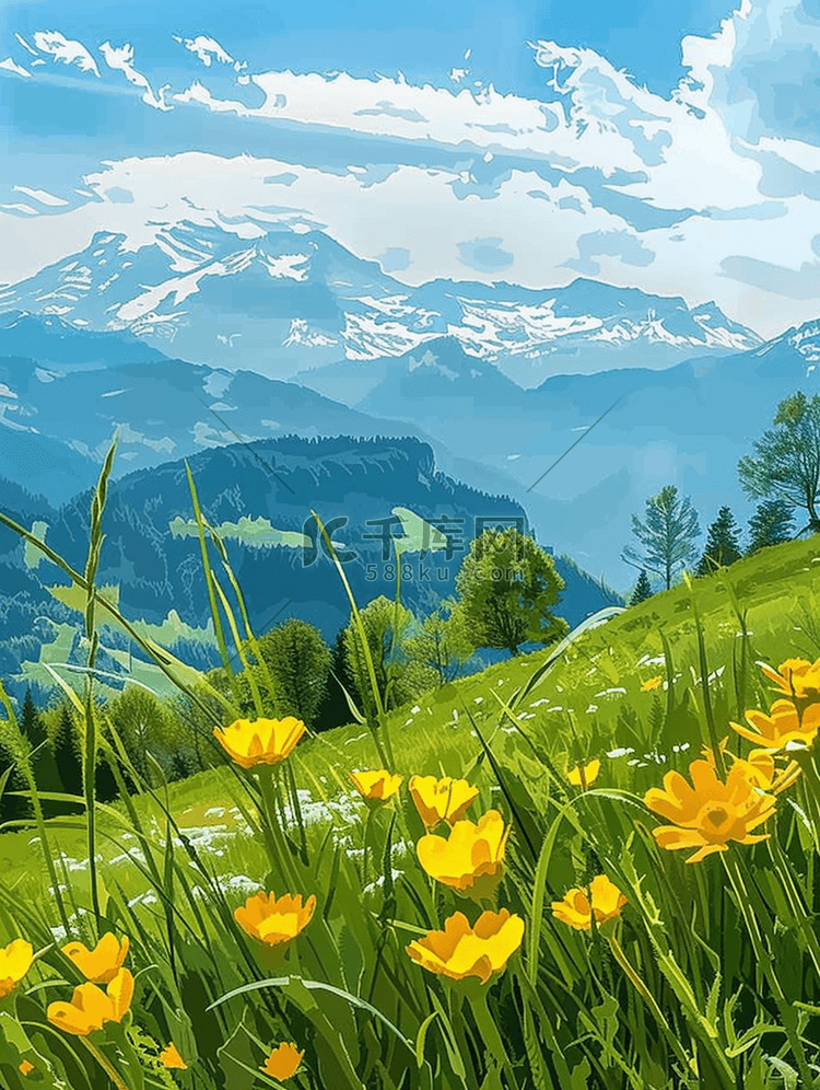 夏季花朵风景山坡盛开油画海报插图