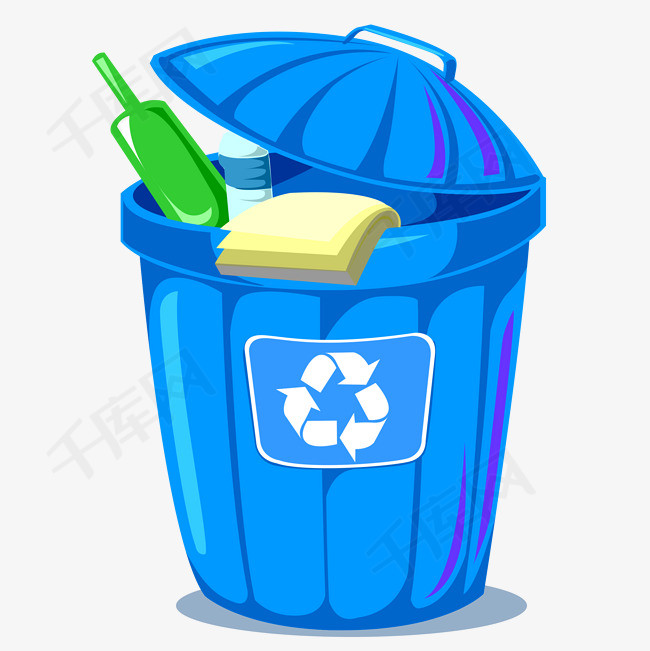蓝色卡通环保可回收垃圾桶图标