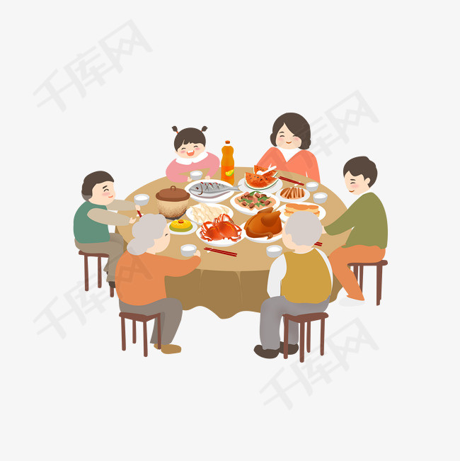 手绘除夕新年全家人团圆年夜饭