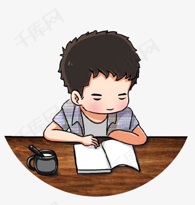 手绘图书馆读书的小男孩