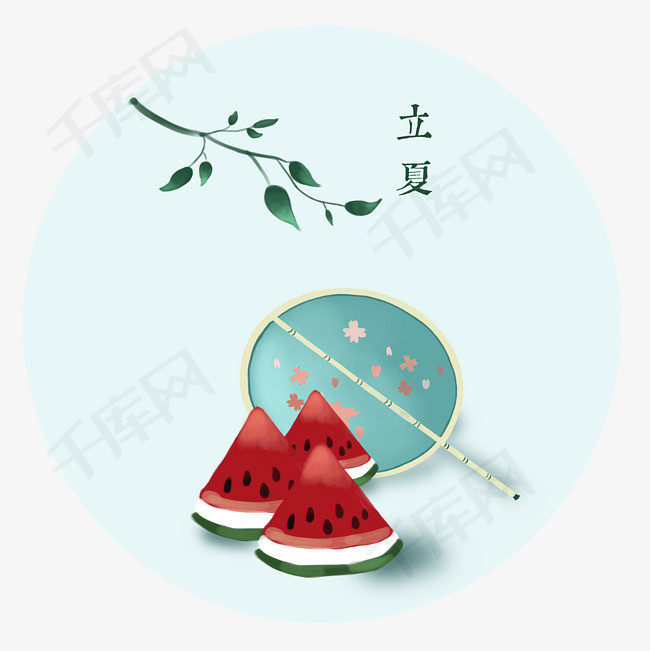 立夏二十四节气古风西瓜团扇素材