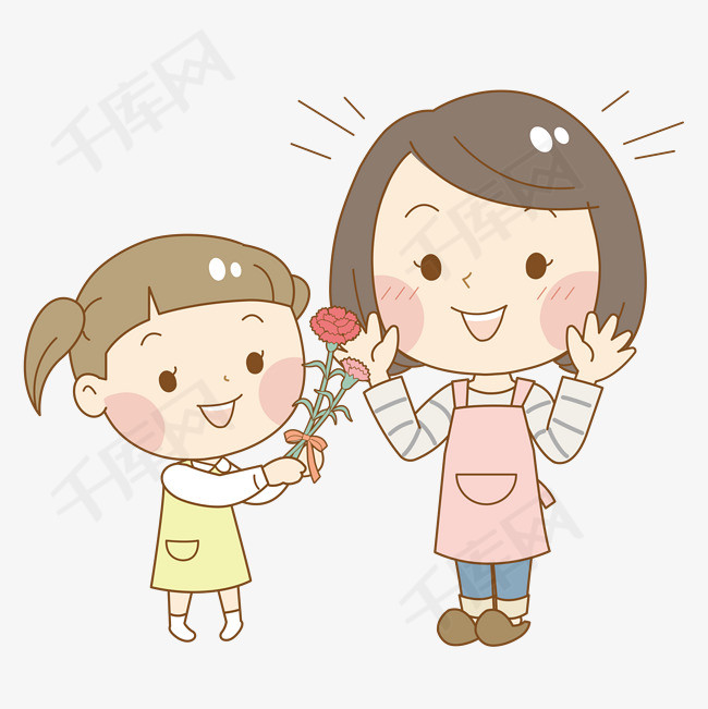 母亲节彩色手绘卡通送花给妈妈