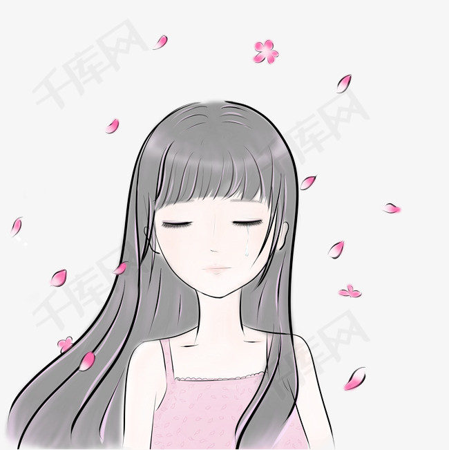 手绘落花伤感哭泣女孩春季少女