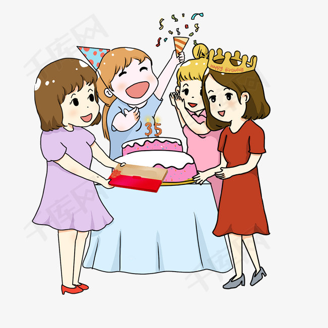 开生日趴闺蜜聚会免费免抠下载开生日会闺蜜过生日聚会吃蛋糕可爱卡通