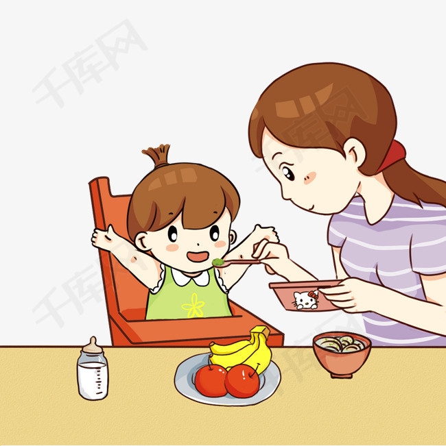 手绘卡通妈妈喂小朋友吃饭营养均衡兴奋的宝宝喂食可爱卡通装饰图画