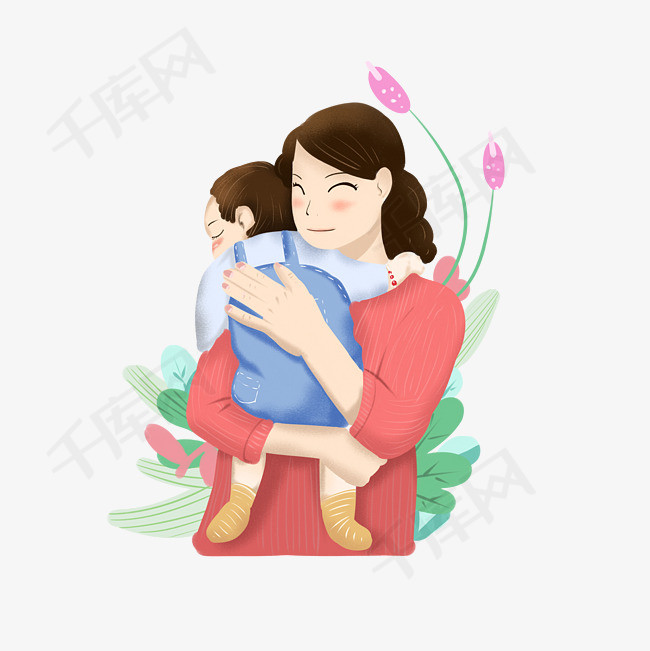 母亲节幸福母子相拥婴儿宝贝手绘卡通风格