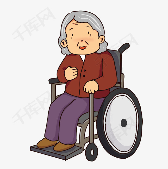 手绘卡通坐轮椅的老人