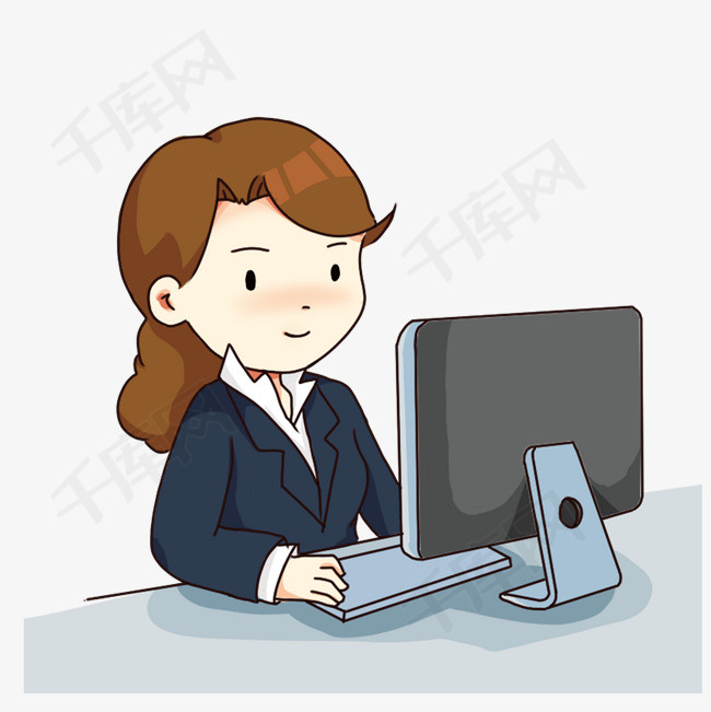 卡通认真工作的白领女孩加班的女孩认真工作敲击键盘用电脑奋斗的女孩