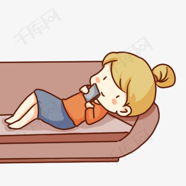 手绘卡通躺沙发上玩手机的女孩