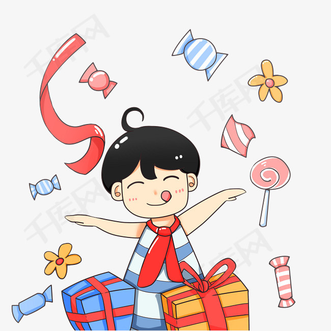 卡通手绘儿童节小孩子开心欢呼收礼物免扣插画