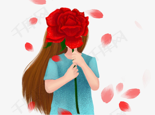 手绘拿着玫瑰花的女孩小清新插画