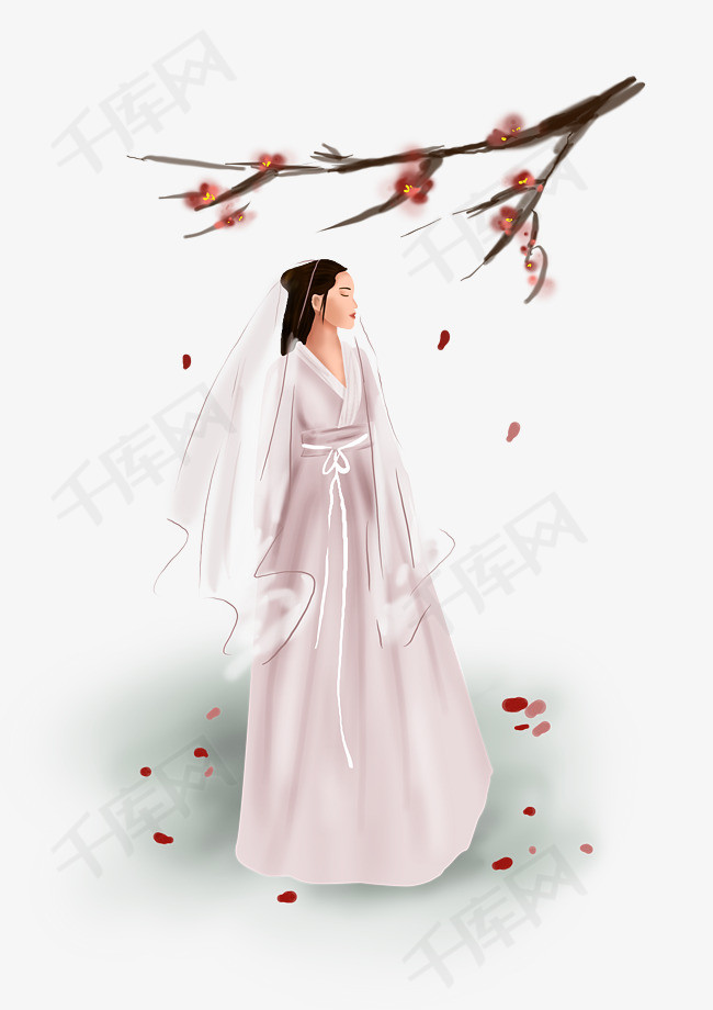 古代人物古人少女与梅花古风传统仕女图中国风淡彩插图