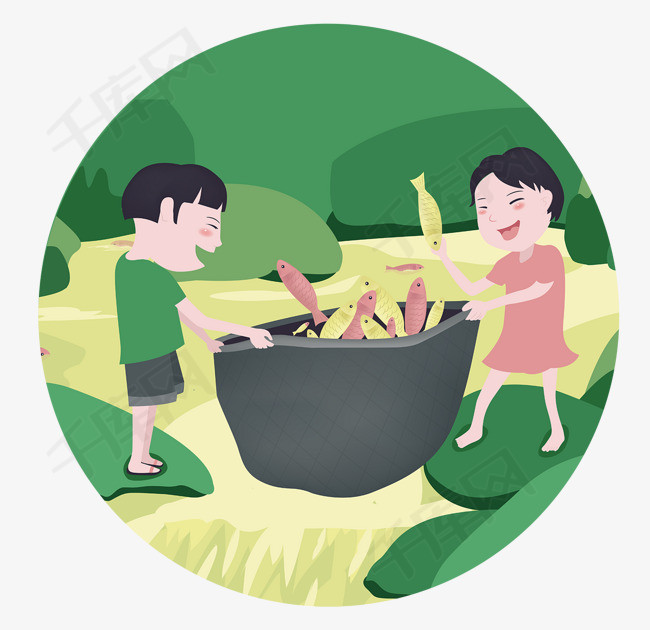 夏天户外绿色小清新手绘小孩子抓鱼