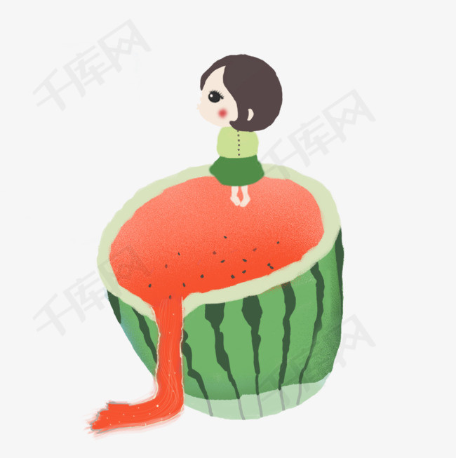 夏日西瓜与女孩主题卡通