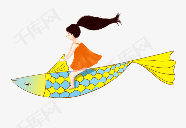 童话飞鱼与女孩卡通插画