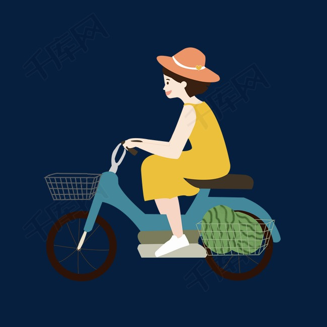 夏至骑着电动车买西瓜的少女插画png