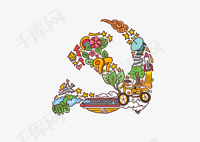 建党节党的生日党徽涂鸦风格卡通手绘q版多彩