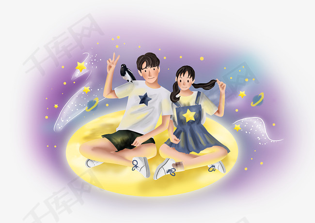 七夕情人节月亮情侣和星星