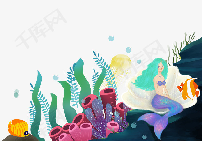卡通手绘海底世界美人鱼插画素材图片免费下载_高清