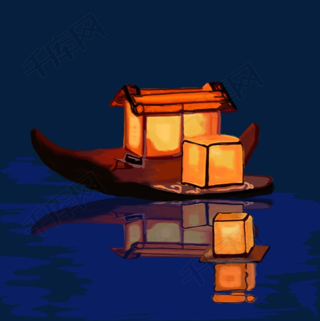中元节放河灯祭祀河神祈福手绘插画高清图
